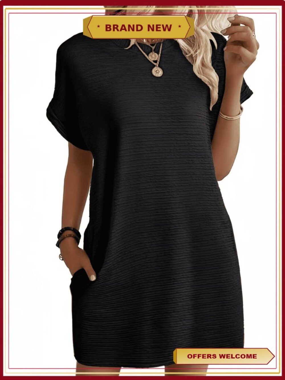 SOMER Women's Textured Midi Dress Short Sleeve Crewneck Shift Work Vacation